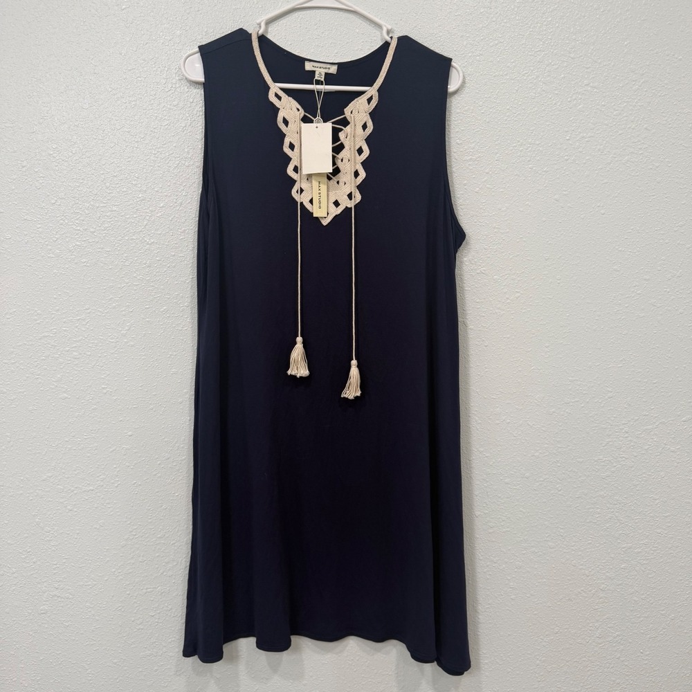 Max Studio Navy Blue Crochet Lace Up Tassel Sleeveless Shift Dress XL 6905T54